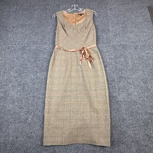 David Meister Size 4 Brown Glen Plaid Wool Blend Sheath Dress Satin Ribbon Belt